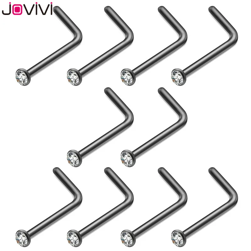 10pcs Black JOVIVI 10 шт. нержавеющая сталь 2,5 мм страз 20 г серьги в нос, гвоздики кость ноздрил Pin L форма Бар пирсинг тела ювелирные изделия 4 цвета - Окраска металла: 10pcs Black