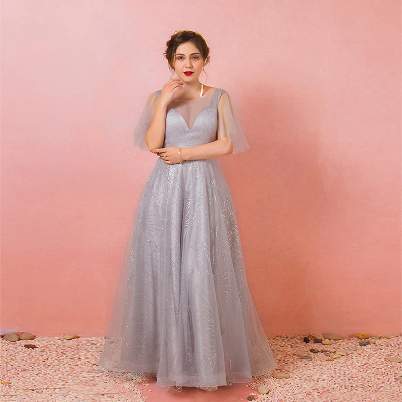 

New O-Neck Lace Short Sleeves Evening Dress Sequins Floor-Length Simple Empire A-Line Fashion Plus Size Women Formal Gowns D827
