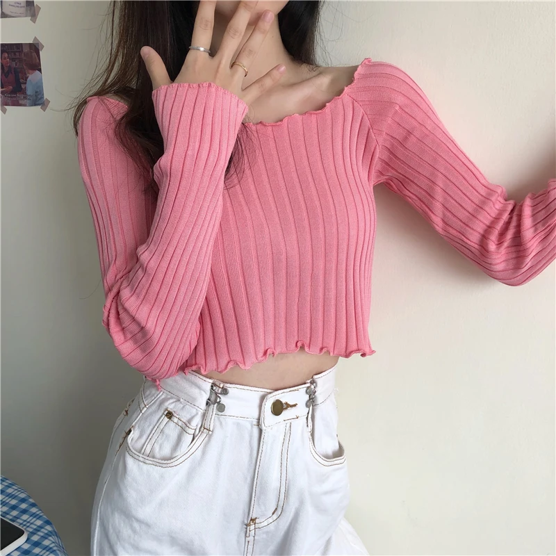 Knit Korean Style Pullover Long Sleeve Square Neck Crop Top