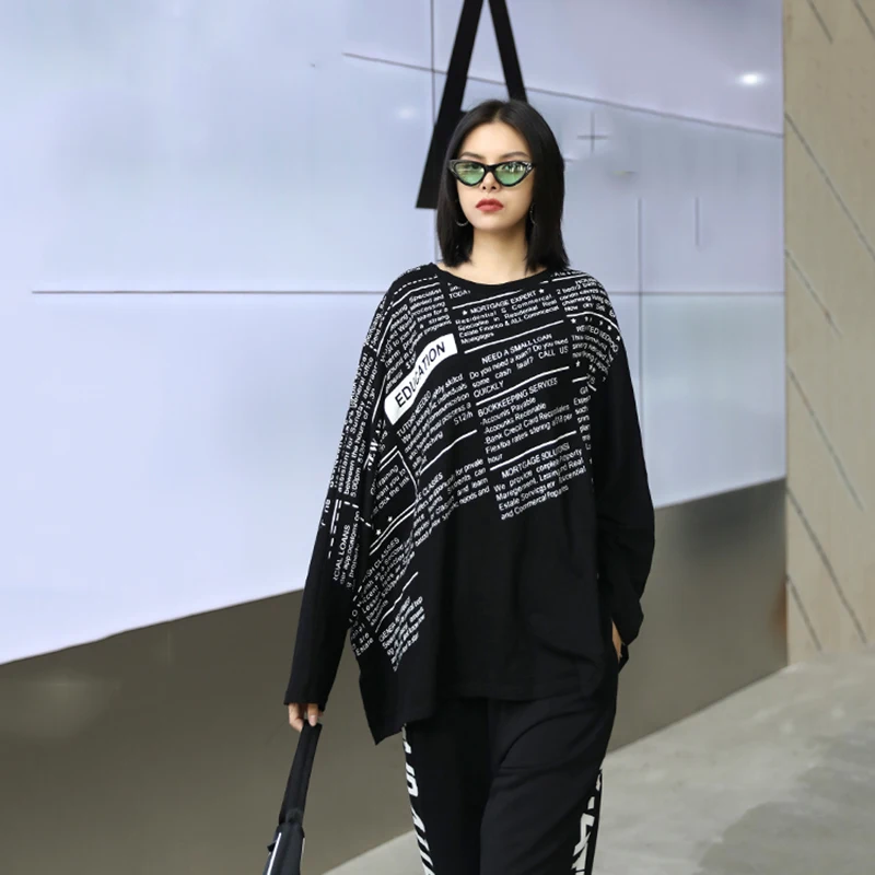 [EAM] Women black letter printed big size T-shirt New Round Neck Long batwing  Sleeve Fashion Tide  Spring Autumn 2020 1DA105