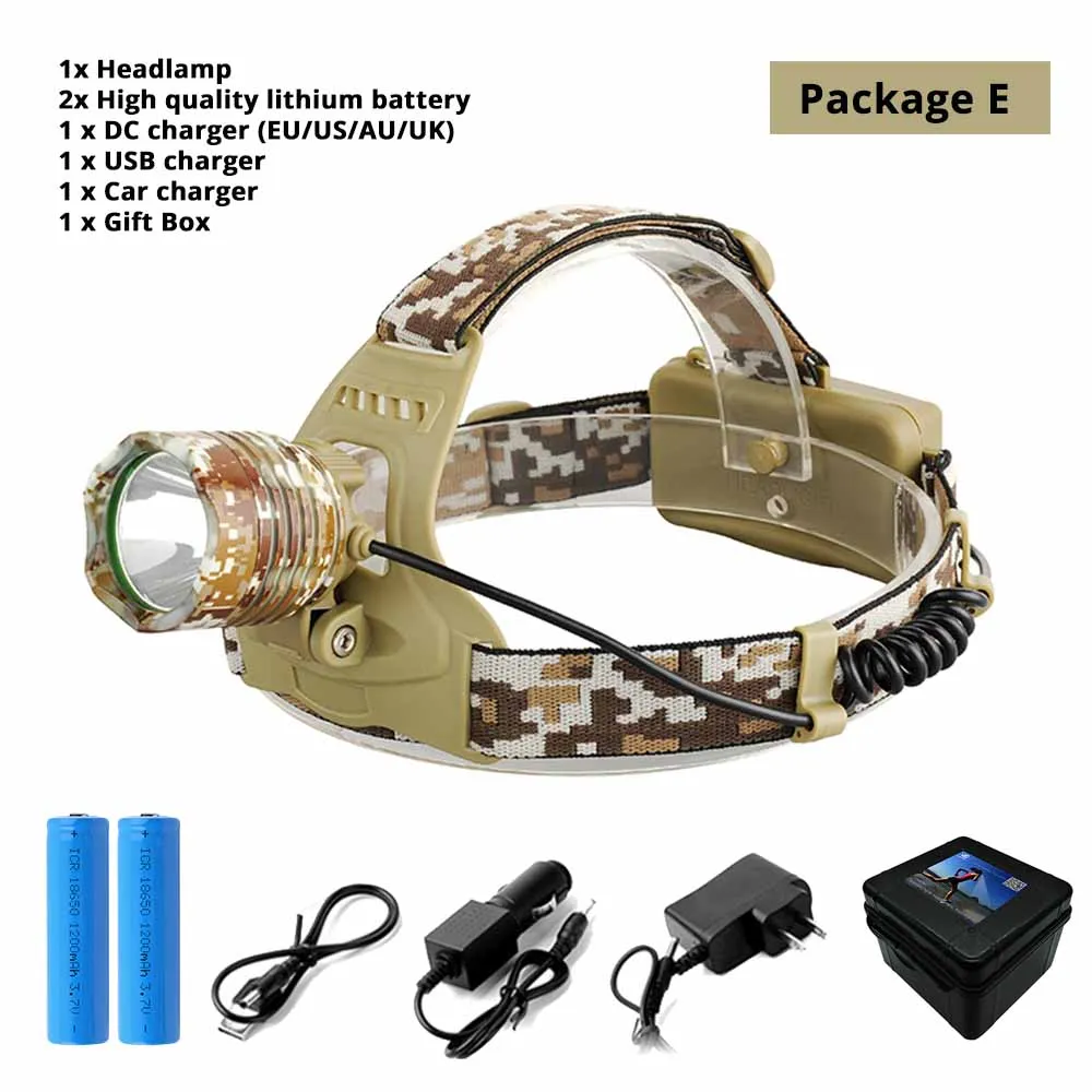 Package E Камуфляжный светодиодный налобный фонарь Водонепроницаемый T6 светодиодный налобный светильник светодиодный налобный фонарь лампа для кемпинга походный рыболовный светильник с 18650 батареей - Испускаемый цвет: Package E