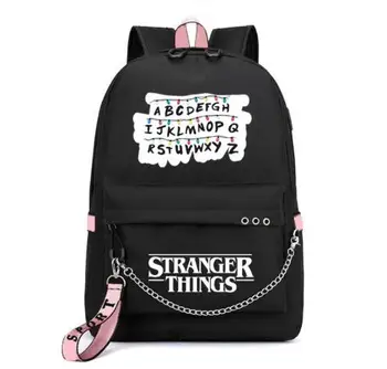 

Fashion backpack Stranger Things Canvas Backpack Canvas Student Schoolbag Women Letters Print Girls Ribbons USB Charge Mochila