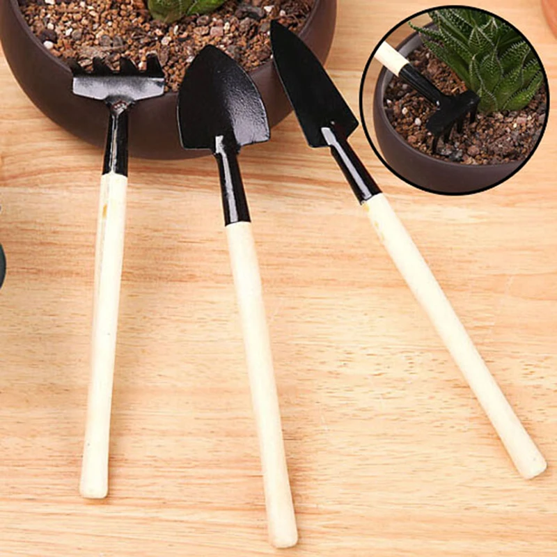 3pcs Sets Mini Shovel Rake Spade Garden Bonsai Tools Set Wooden Handle Metal Head For Flowers Potted Plant Mini Garden Tool
