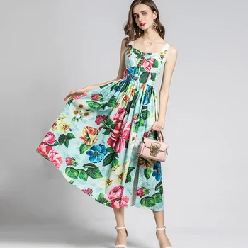 

Fashion Designer Runway Ball Gown Cotton Dress Summer Women Spaghetti Strap Backless Floral Print Mid-length Beach Dress