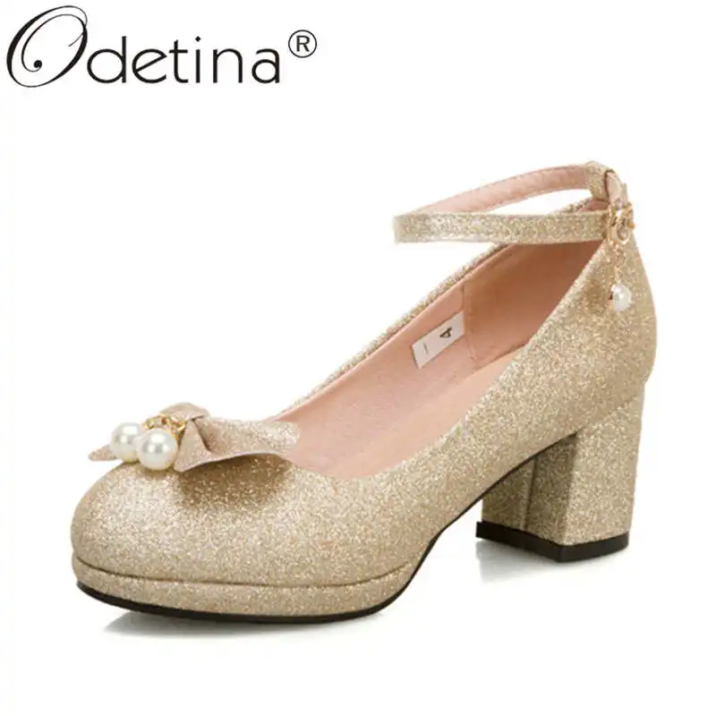 

Odetina Women Fashion Buckle Strap String Bead Bow Wedding Shoes Ladies Glitter Platform Round Toe Block High Heel Party Shoes