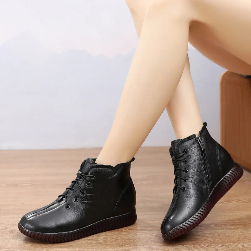 Tilocow Women's Cow Leather Winter Snow Boots Female Wedges Platform Shoes Woman Retro Rubber Boot Female Short Botas Mujer 2020