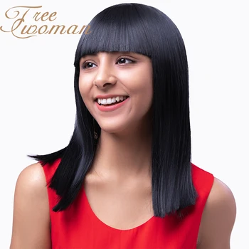 

FREEWOMAN Nature Black Straight Synthetic Wig With Bangs Ombre Blue Purple Wig for Women Medium Length Wigs Heat Resistant Hair