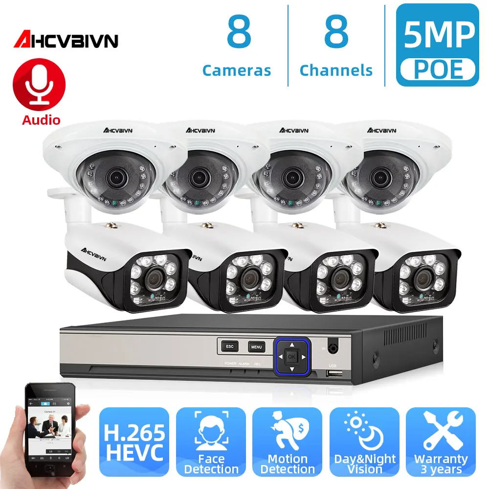 

Face Detection H.265+ 8CH 5MP POE NVR Kit Audio CCTV System 5MP Metal IP Camera P2P Indoor Outdoor Video Surveillance Set