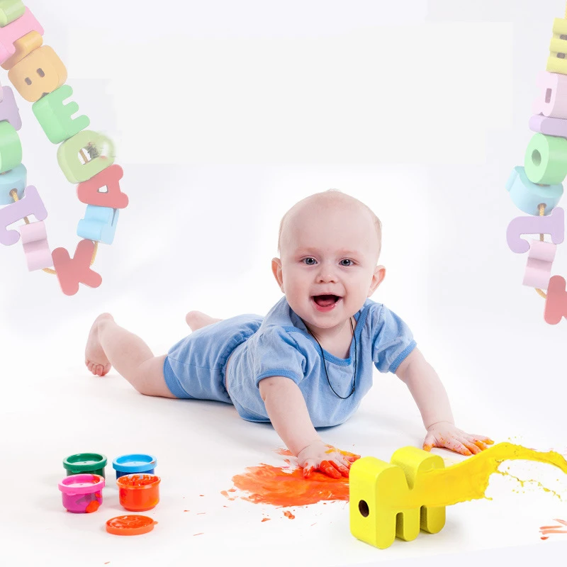 Early childhood education wooden color building blocks english alphanumeric animals vegetables beaded children toys