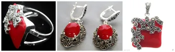 

Fashion designed Red Carved Lacquer Marcasite 925 Sterling Silver Oval Ring(#7-10) Earrings & Pandent jewelry sets