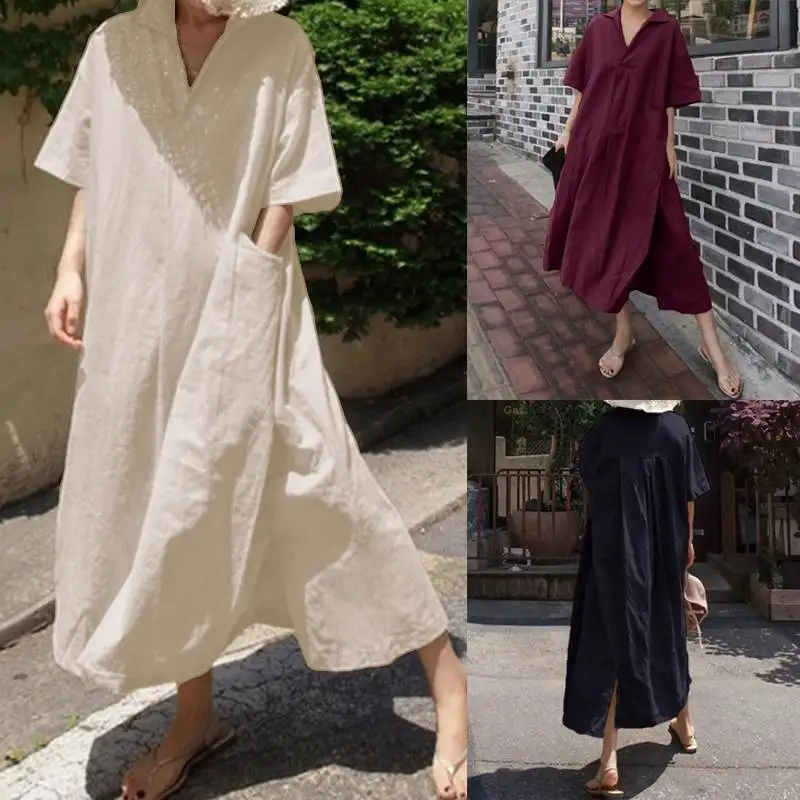 

2019 Summer Dress ZANZEA Women Long Shirt Sundress Ladies Casual Sexy Split Vestidos Female V Neck Pockets Baggy Robe Plus Size