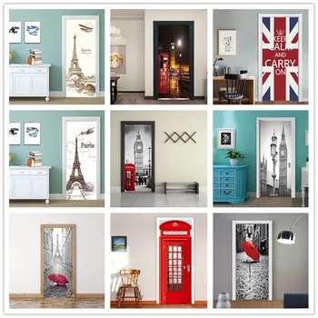 

British Style Famous Scenic Spot Door Wallpaper Nature Landscape Self-adhesive Removable Sticker For Door Living Room Decoration