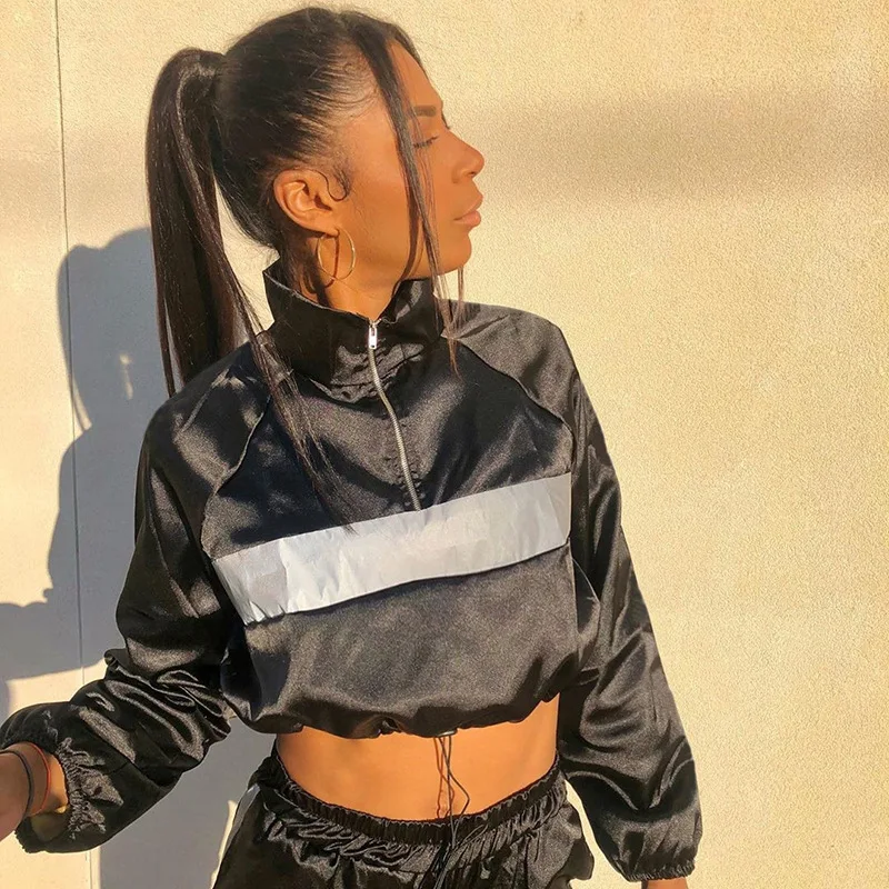 

Casual Drawstring Turtleneck Sweatshirt Women Satin Patchwork Crop Top Pullover Contrast Color Sweatshirts Autumn New