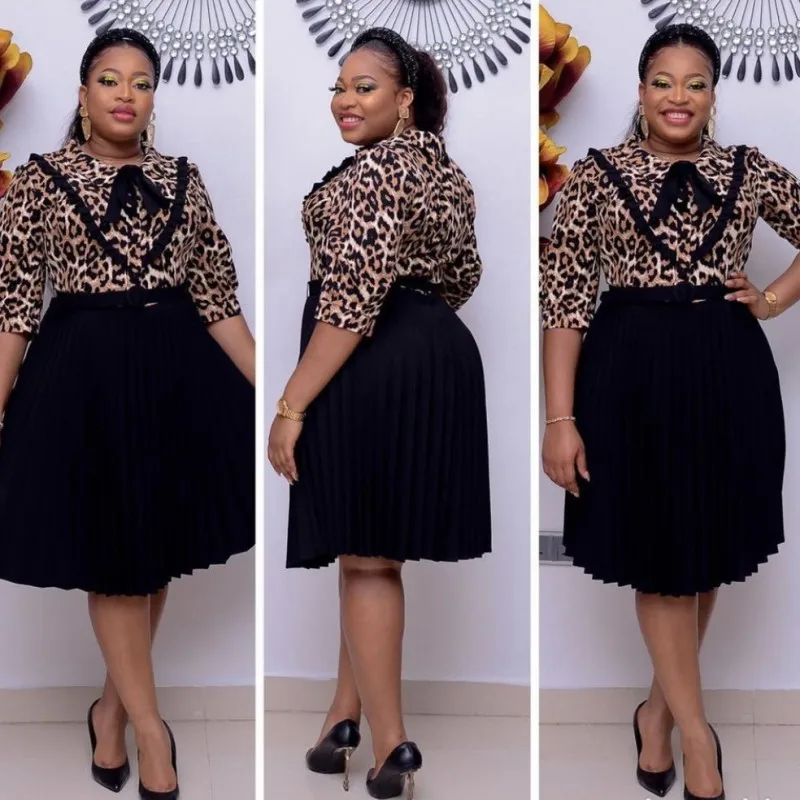 

African Print Dresses For Women Fashion Leopard Patchwork 2021 Spring Autumn New Pleated Bow Bazin Traditional African Clothing