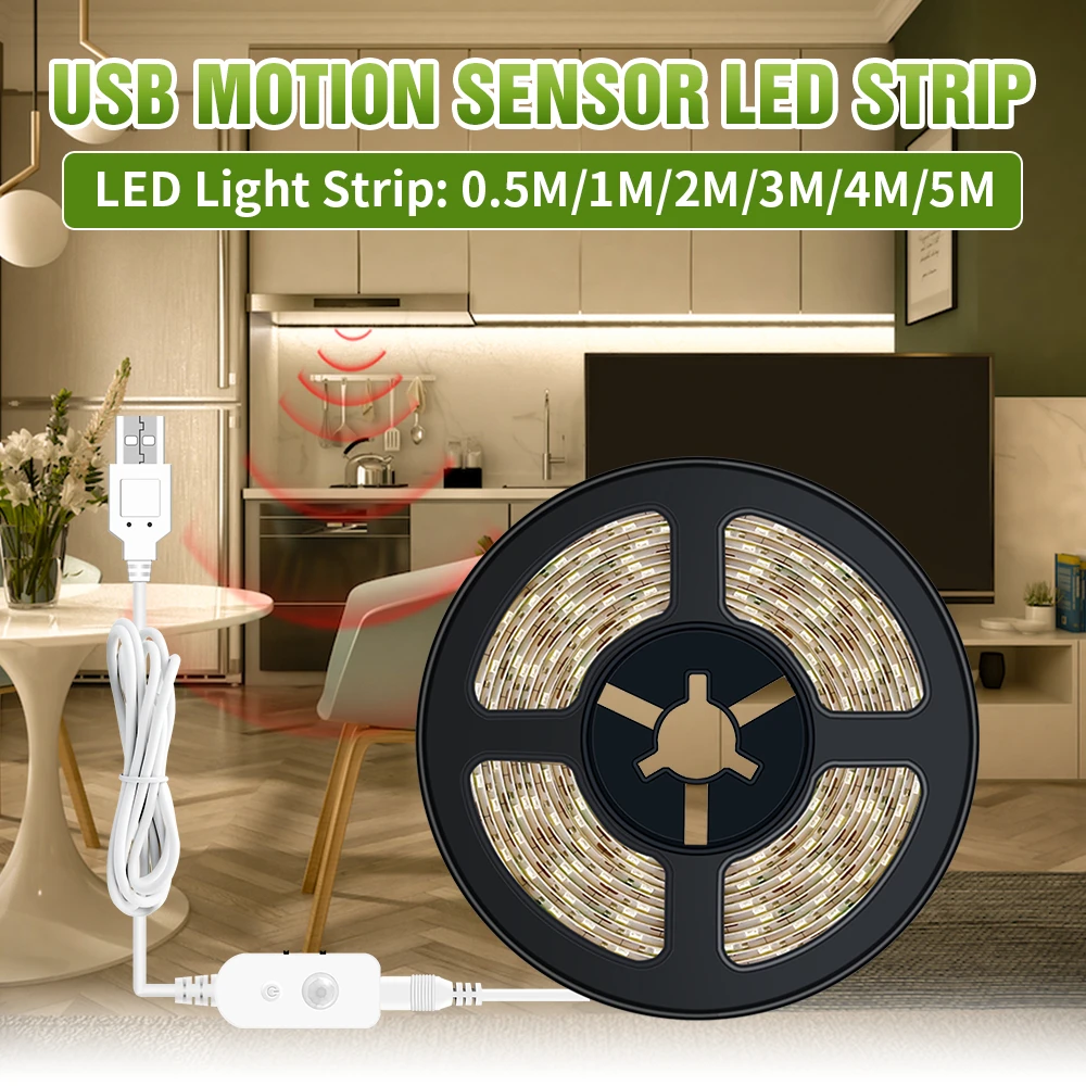 

Wireless PIR Motion Sensor LED Strip Light 5V Auto on/off Stair Wardrobe Closet Kitchen Lighting SMD 2835 USB Dimming LED Strip