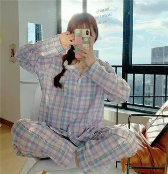 

Plaid pajama suit long sleeve casual sweet home service spring and autumn women's new style can be worn outside sleepwear