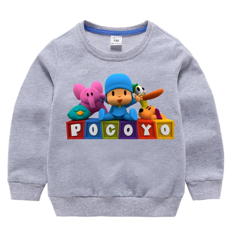 Детские хлопковые толстовки с капюшоном с принтом Pocoyo, хлопковый пуловер для девочек, топы для маленьких мальчиков, осенняя одежда