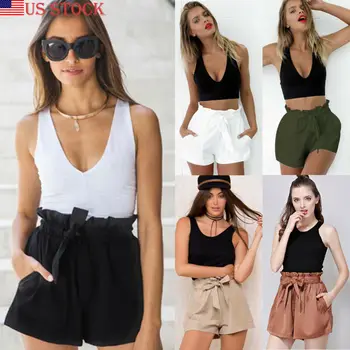 

2019 Brand New Style Fashion Hot Sale Women High Waisted Paper Bag Tie Belt Shorts Ladies Summer Hot Sale Holiday Shorts