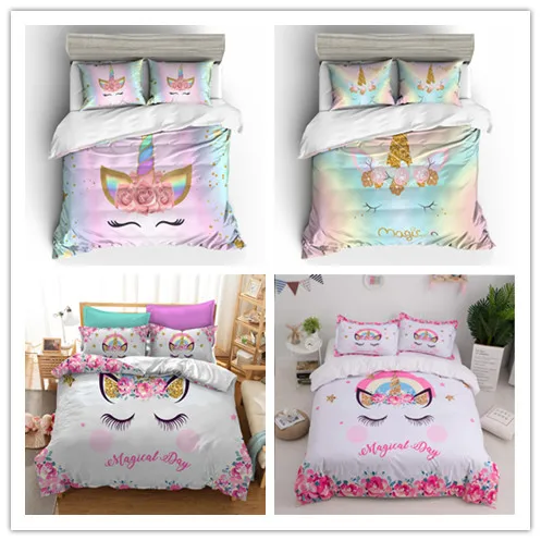 

3D unicorn printed bedding sets pink or light green background golden ear unicorn printing dreamy bedding sets for girls