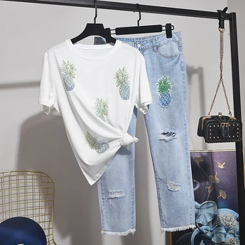 

Summer Set Sequins Pineapple Print T-Shirt + Holes Jeans 2pcs Women Loose O-Neck Cotton Tee Shirt Denim Pants Suit Female Outfit