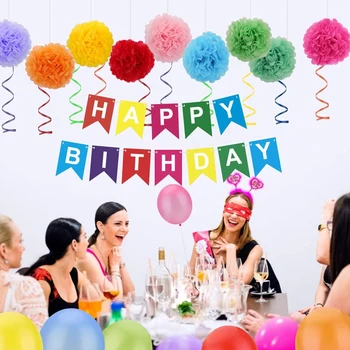 

Birthday Party Decoration Set Color Birthday Pull Flag Banner Paper Flower Ball Pendant Paper Pull Flower Latex Balloon
