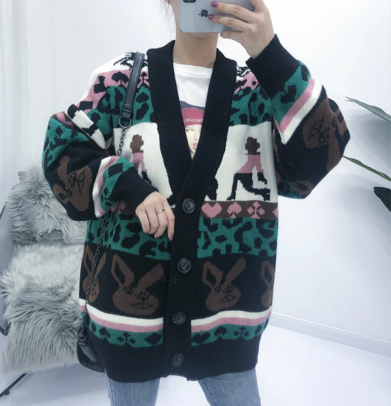 #Special Offers Milinsus Kawaii Women Cardigans Sweater Casual Argyle Knit Jumper Female Loose Mid Long Striped Pull Coat 2019 Winter Christmas