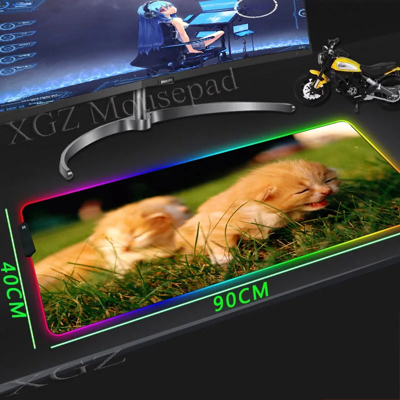 XGZ Animal Kitten Grass Custom Large RGB Mouse Pad Black Delicate Locking Edge Computer Desk Mat Ru