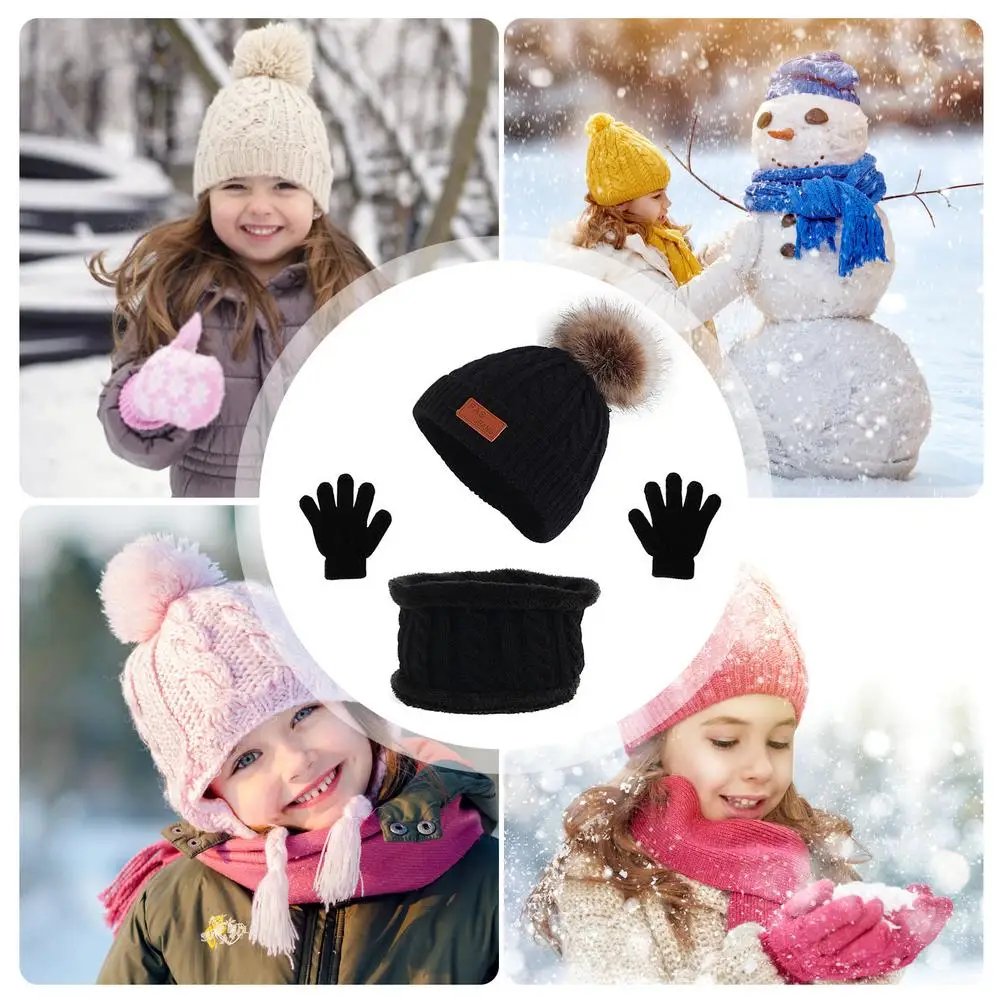 Toddler Winter Hat Scarf Hat And Gloves Set Toddlers Mittens 3Pcs Kids Winter Knitted Scarf Gloves Set For Girl Boys Ages