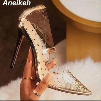 

Aneikeh 2019 Sexy Rivet Fashion PVC Woman Transparent Sandals Thin High Heels Shoes Pointed Toe Pumps Slip On Solid Golden 35-42