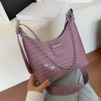 

Crocodile Solid Color Bucket Bags for Women Luxury Pu Leather Lady Shoulder Messenger Bags Chic Chain Female Handbags 2020 New