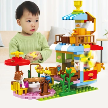 

96pcs Rotating Restaurant Scene Blocks Compatible Building Blocks Table Kids Gift Large Educational Toys For Children