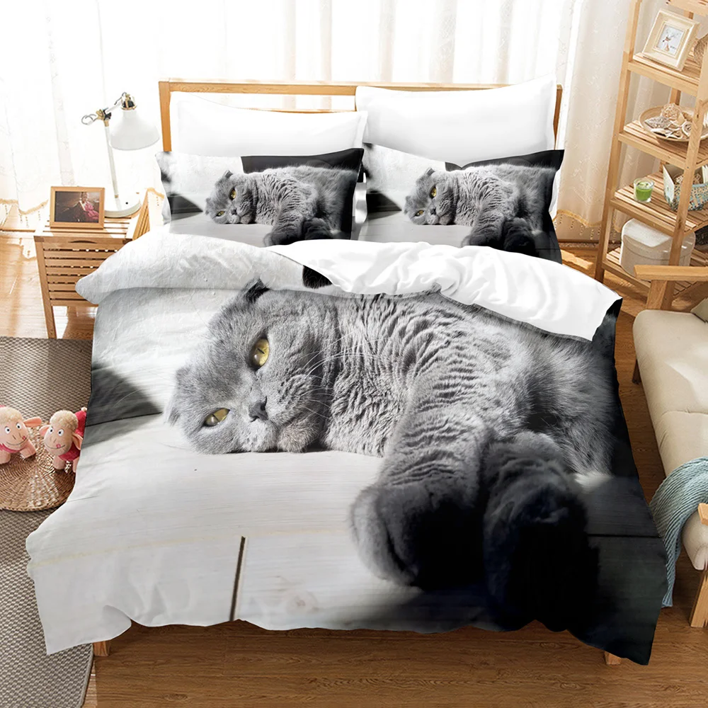 3D Cat Bedding Set Scottish Fold Lovely Cats Printed Comforter Duvet Cover Queen King Single Size Home Textile Bedroom Decor