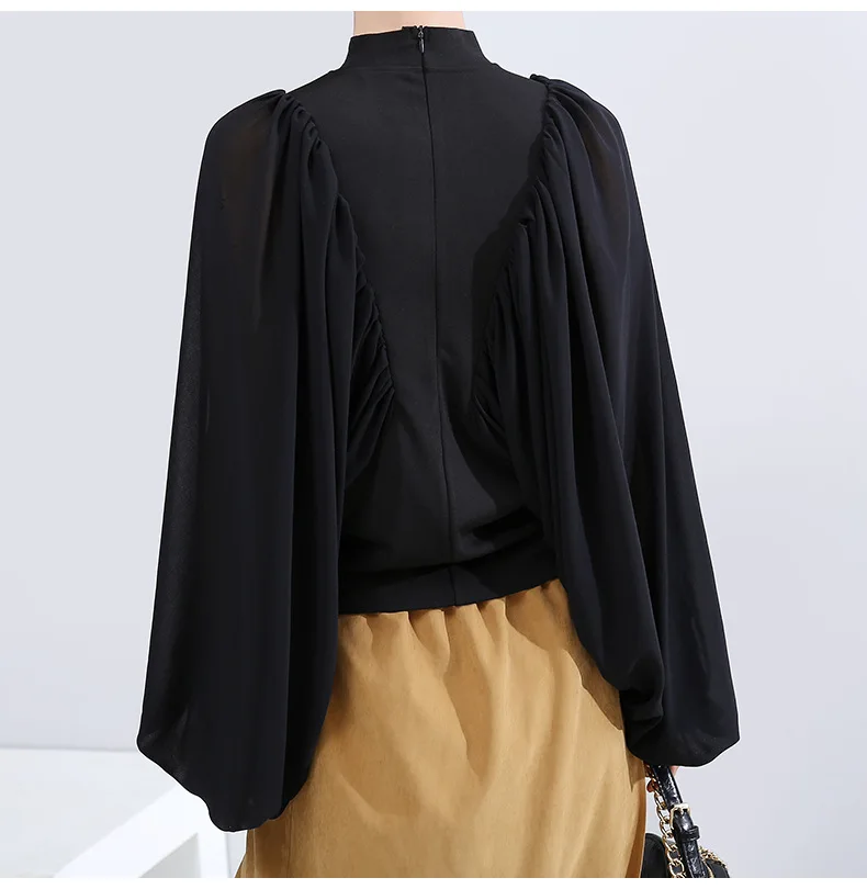 [EAM] женская черная плиссированная Объемная блузка с разрезом, новая свободная рубашка со стоячим воротником и длинным рукавом, модная весенняя Осенняя 1K934