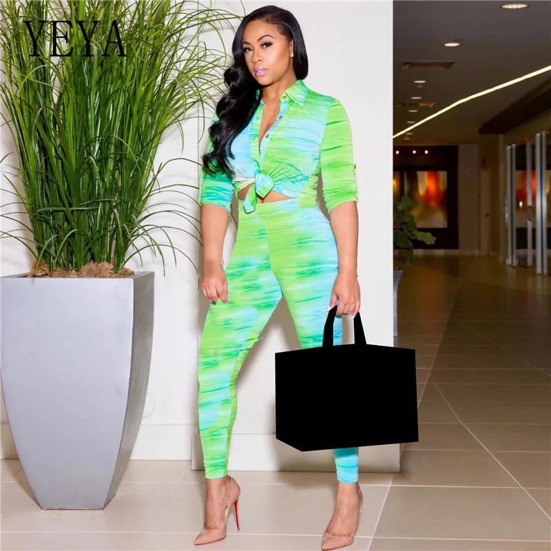

YEYA Autumn Tie Dye Print Two Piece Set Long Sleeve Women Blouses Pencil Jogger Pants Suit Active Wear Tracksuit Fitness Outfits