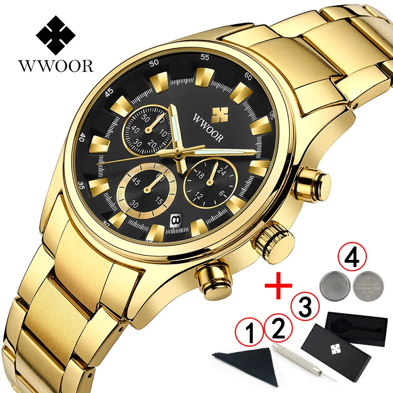 

WWOOR Watch Men 2019 Luxury Brand Business Casual Wristwatch Mens Stainless Steel Chronograph Men Watches Gold Quartz Clock Men