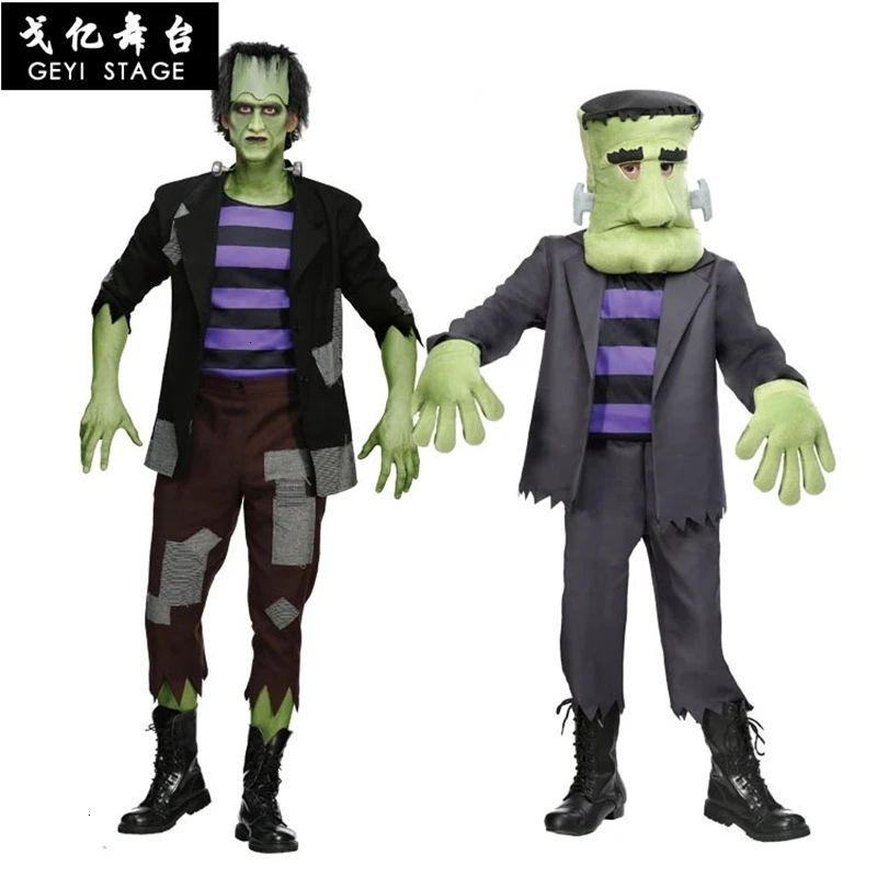 

Costume de sport vert frankenstein pour adultes et enfants, combinaison masculine avec masque, accessoires pour Halloween,