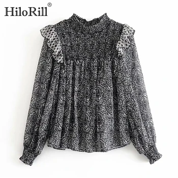 

Vintage Women Floral Print Chiffon Blouse Shirt Long Sleeve Elegant Ruffle Top Blouses Ladies Stand Collar Pleated Shirts