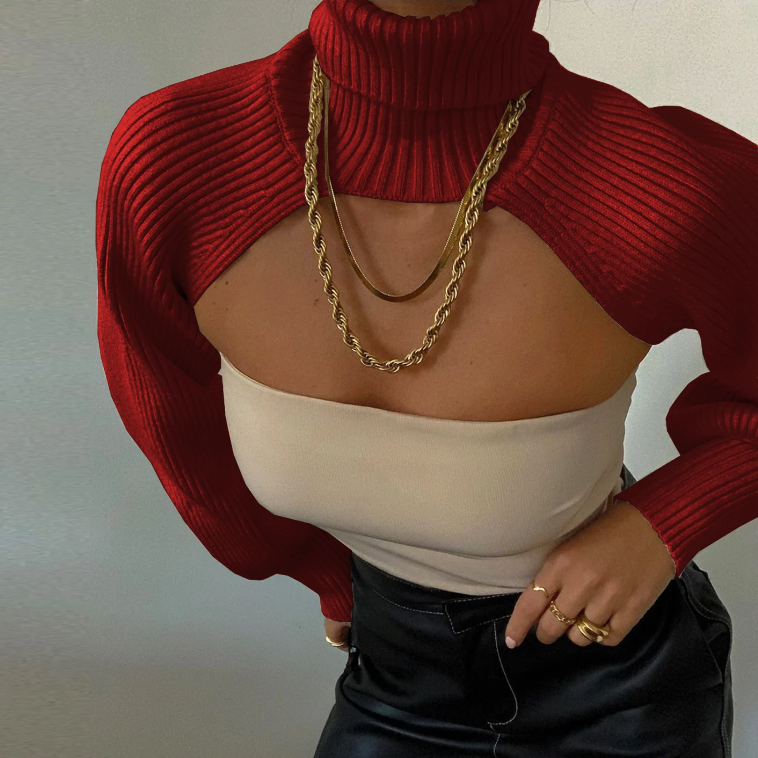 black sweater Women's Turtleneck Knitted Ultra Short Pullover Top Solid Color Long Puff Sleeve Cutout Backless Crop Top Sweater Knitwear vintage sweaters Sweaters