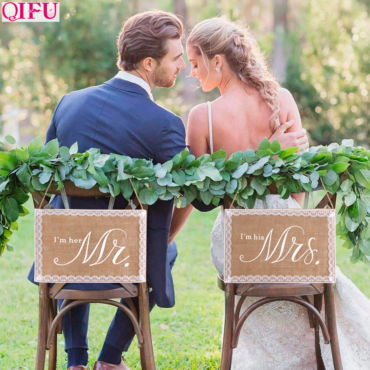

QIFU Mr Mrs Burlap Chair Banner Rustic Wedding Decor Groom and Bride Photo Props Weeding Decoration for Weddings Party Supplies