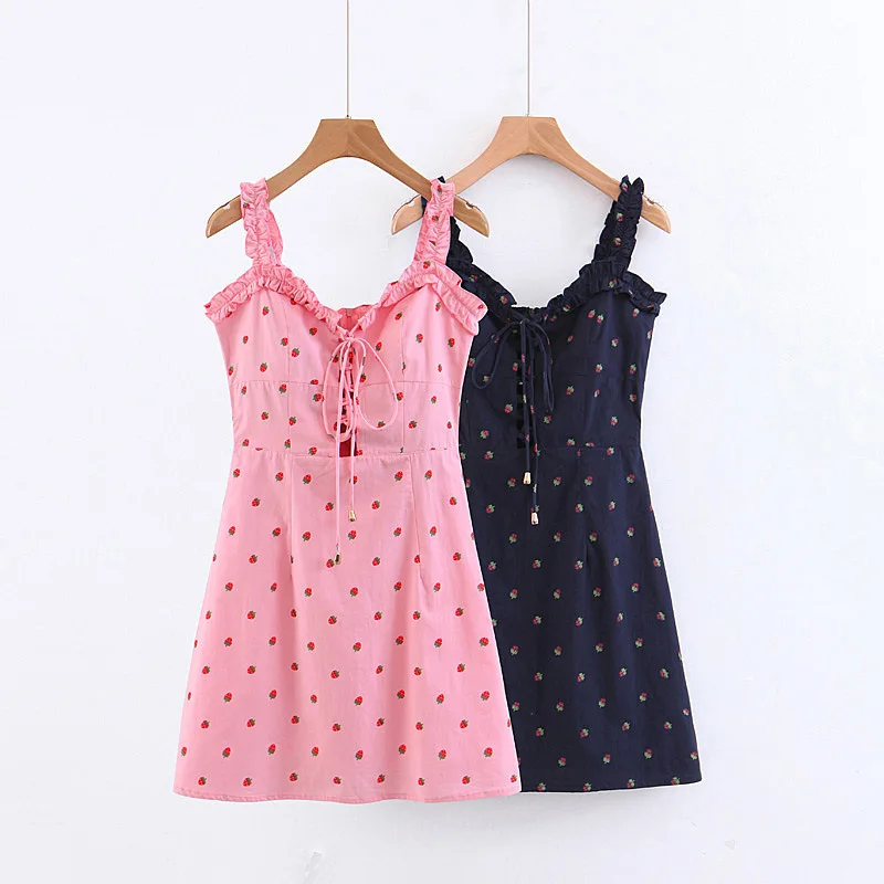 

2019 Spring Europe And America WOMEN'S Dress New Style Frilled Strawberry Printed Bandage Cloth Dress 9129