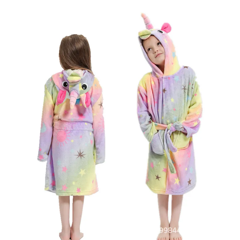 Rainbow flannel bathrobe cartoon pajamas animal hooded children's nightgownZQ137