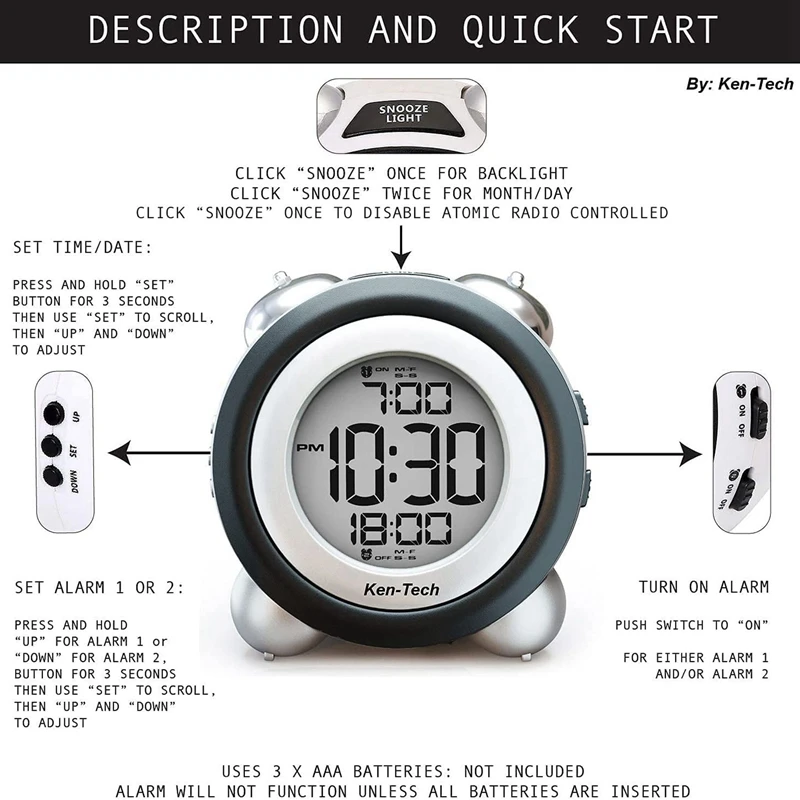 Digital Alarm Clock Time Date Display Twin Bell Very Loud for Heavy Sleepers Dual Alarm Blue Backlight for Teens 4