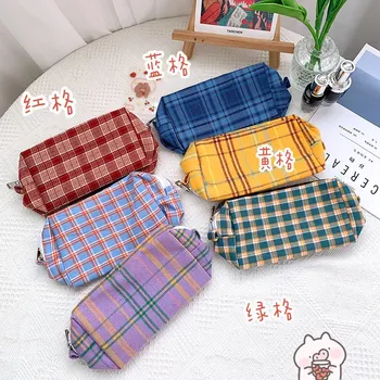 

Retro Grid Loli Girl Heart Large Capacity Wash Bag Ins Portable Cosmetic Pencil Case Bag Storage Bag