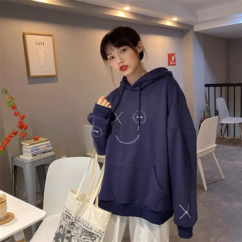 

Женские свитшоты в японском стиле Harajuku Ulzzang, винтажная вышитая надпись, Свитшот со смайликом, Женская милая одежда в Корейском стиле для женщин