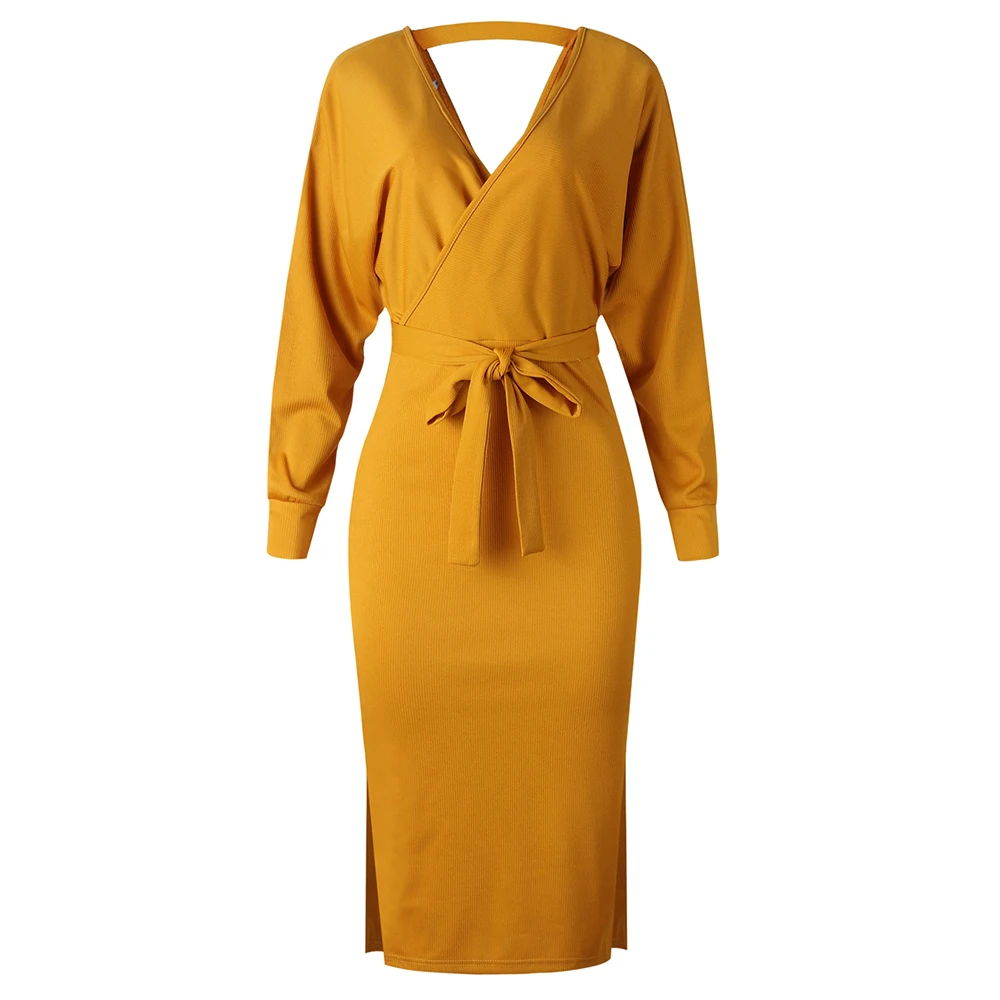 Casual Ladies Dresses Women Long-sleeved V-neck Belted Knitwear Vestidos Ropa Mujer Autumn Sexy Midi Dress Long Knitted Sweaters