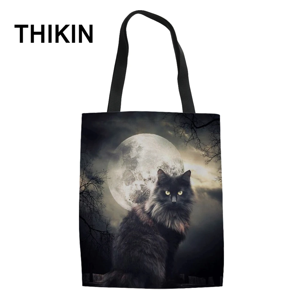THIKIN 3D черная кошка печать холст сумки для подростков Милая книга с изображением животных Сумки настроить дамы складная сумка для покупок оптом - Цвет: 1