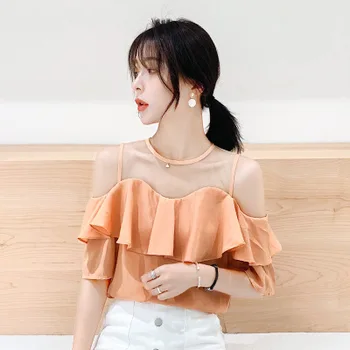 

One-line collar lotus leaf chiffon shirt women's chiffon shirt summer