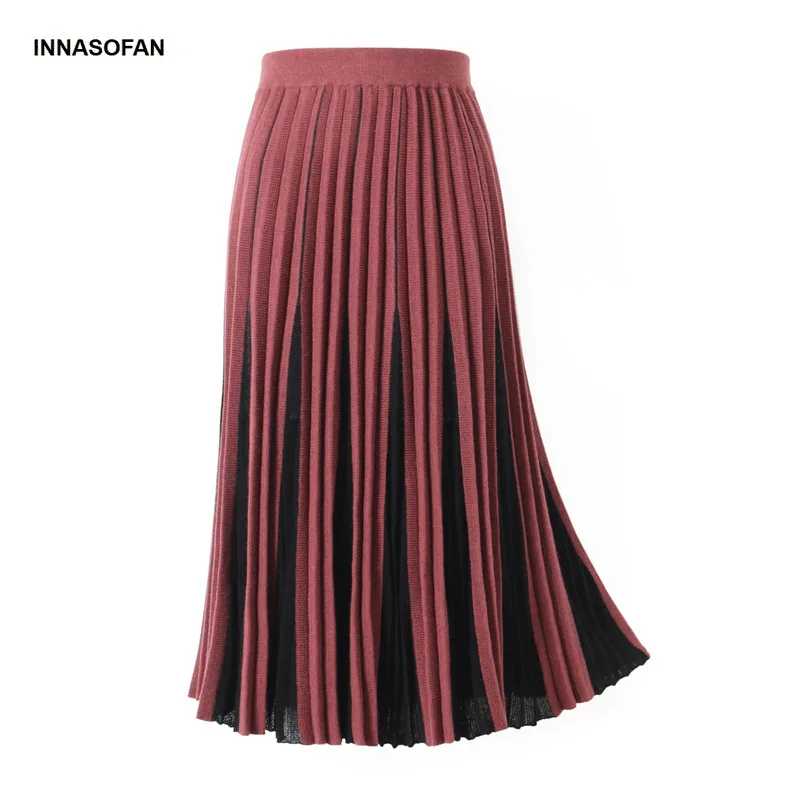INNASOFAN Knitted Skirt Women Autumn Winter Pleated Long Skirt High Waist Fashion High-end Chic Solid Color Skirt
