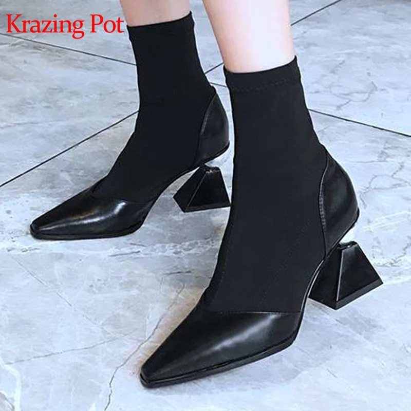Krazing pot/ г. Сапоги до середины икры из натуральной кожи, с квадратным носком, необычного дизайна, на высоком каблуке Модные Стрейчевые сапоги для молодых девушек, L52