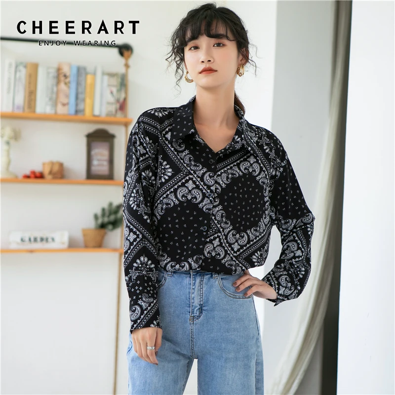 Женская винтажная рубашка с длинным рукавом CHEERART черная Свободная воротником на